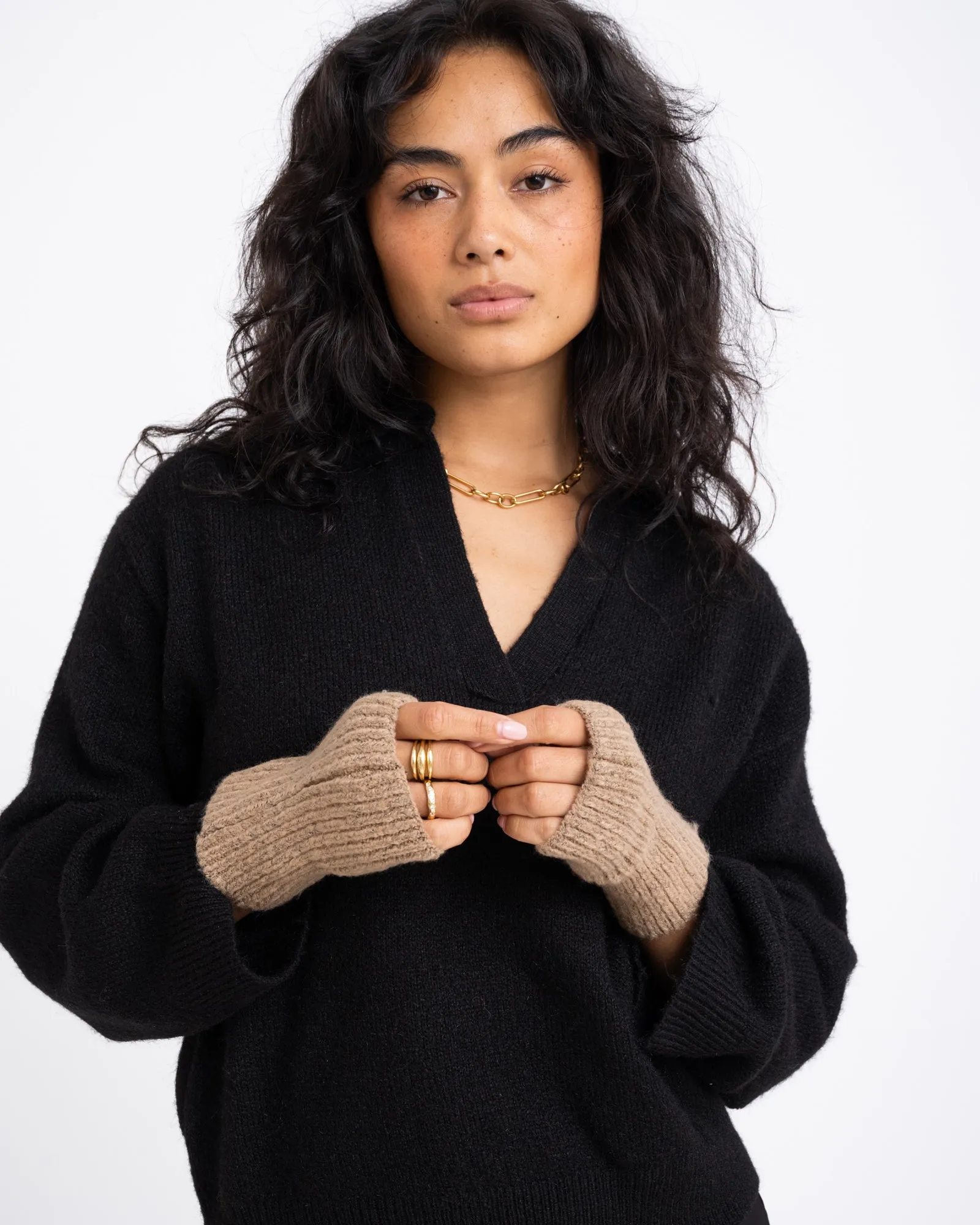 Knitted Fingerless Gloves Beige