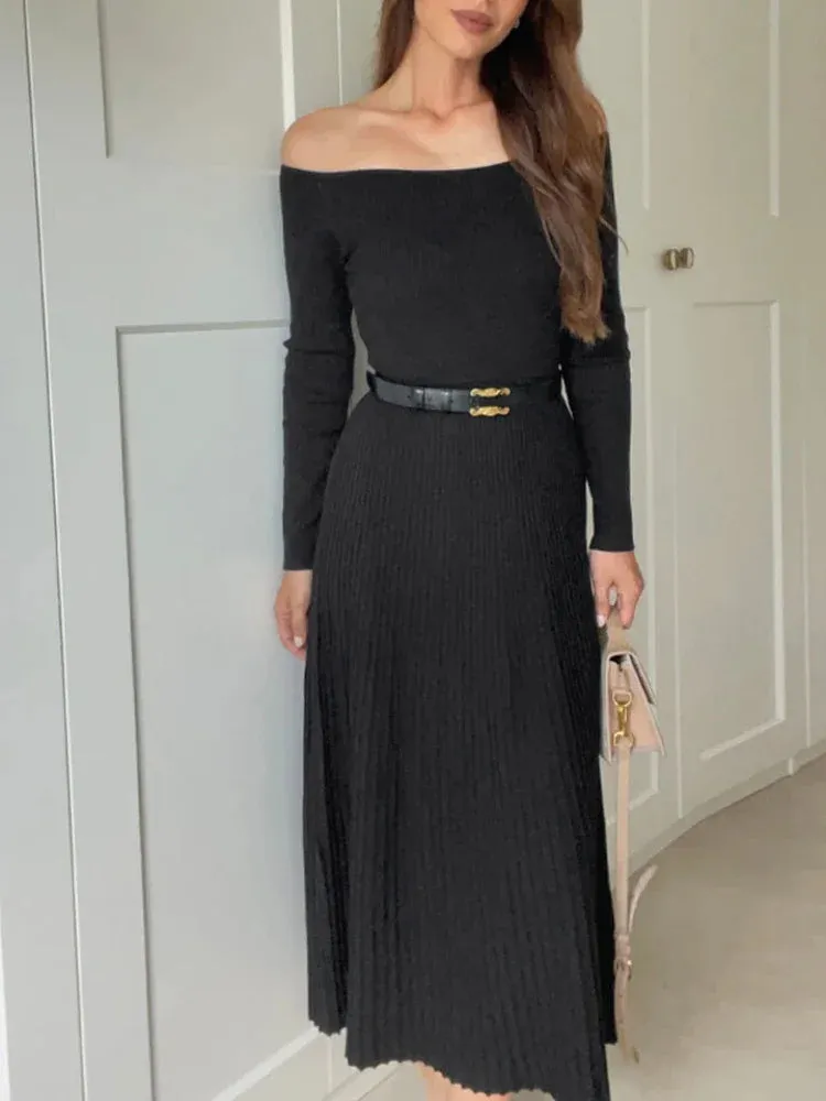 Knitted Sweater Dress Black White Off Shoulder Pleated Long Dresses Elegant Fall Winter Clothes 2024 Women C92-FE47