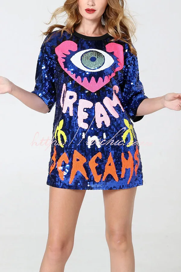 Love Eyes Letters Sequined Round Neck Short Sleeve Mid-Length Loose T-Shirt