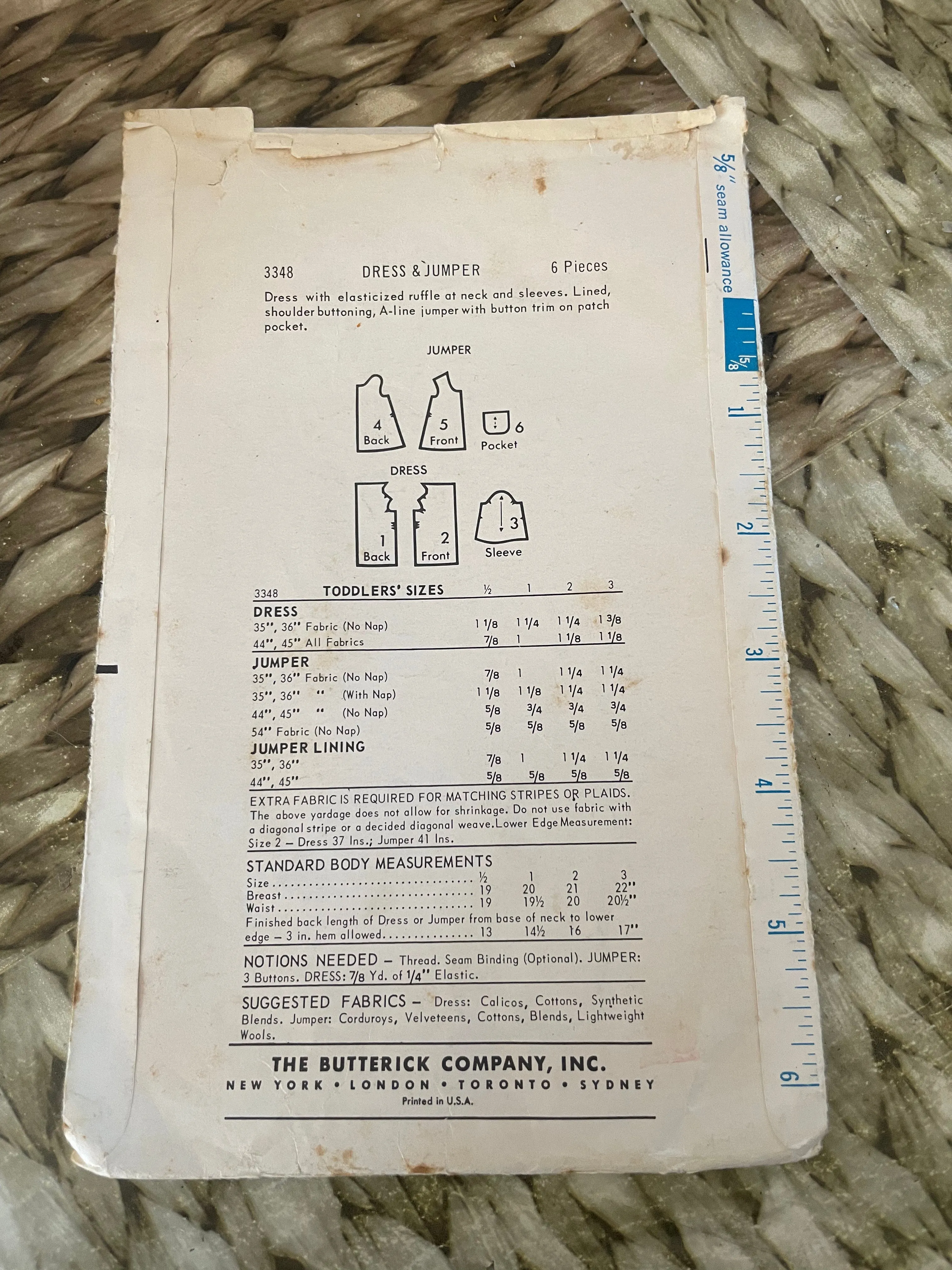 <€€ Butterick Vintage Pattern 3348 Girls Sz 1/2 Elastic Neckline Dress A-Line Jumper CUT Ephemera