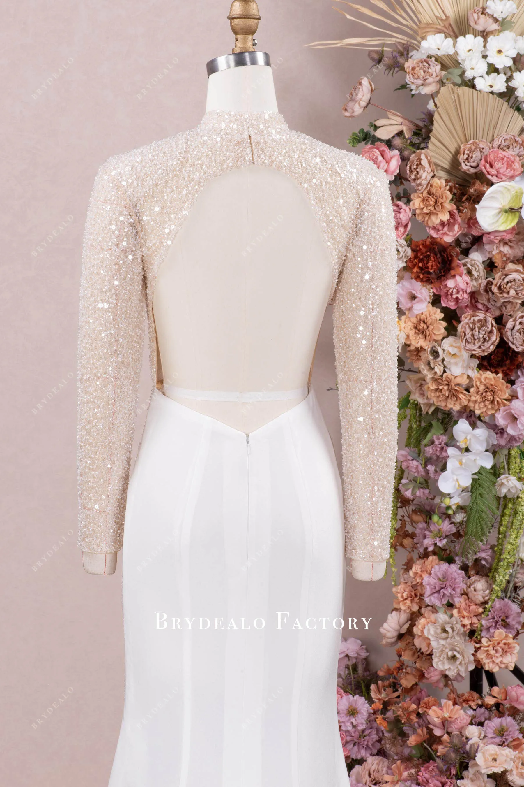 Modern White Illusion Sleeves Beading Jersey Prom Dress