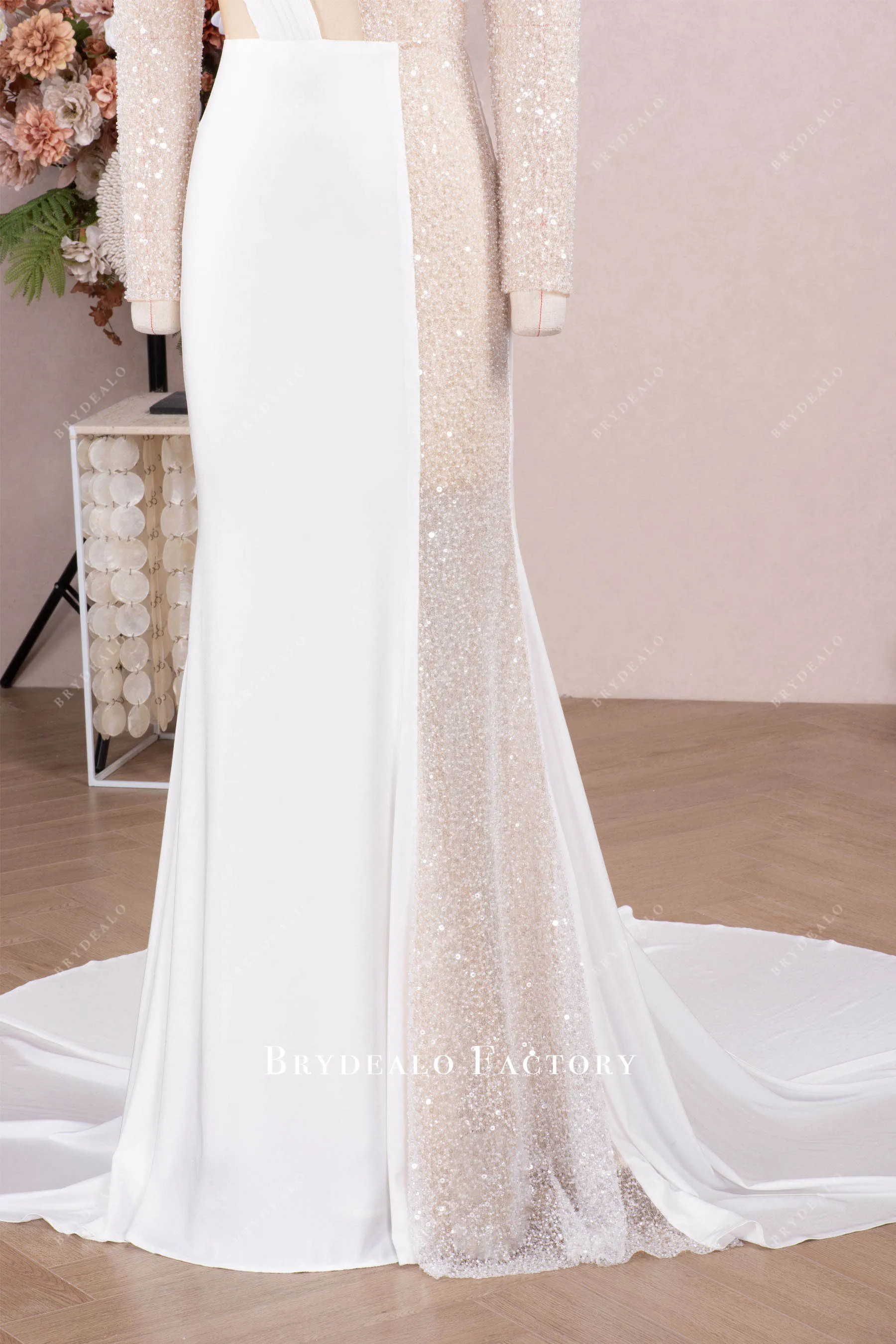 Modern White Illusion Sleeves Beading Jersey Prom Dress