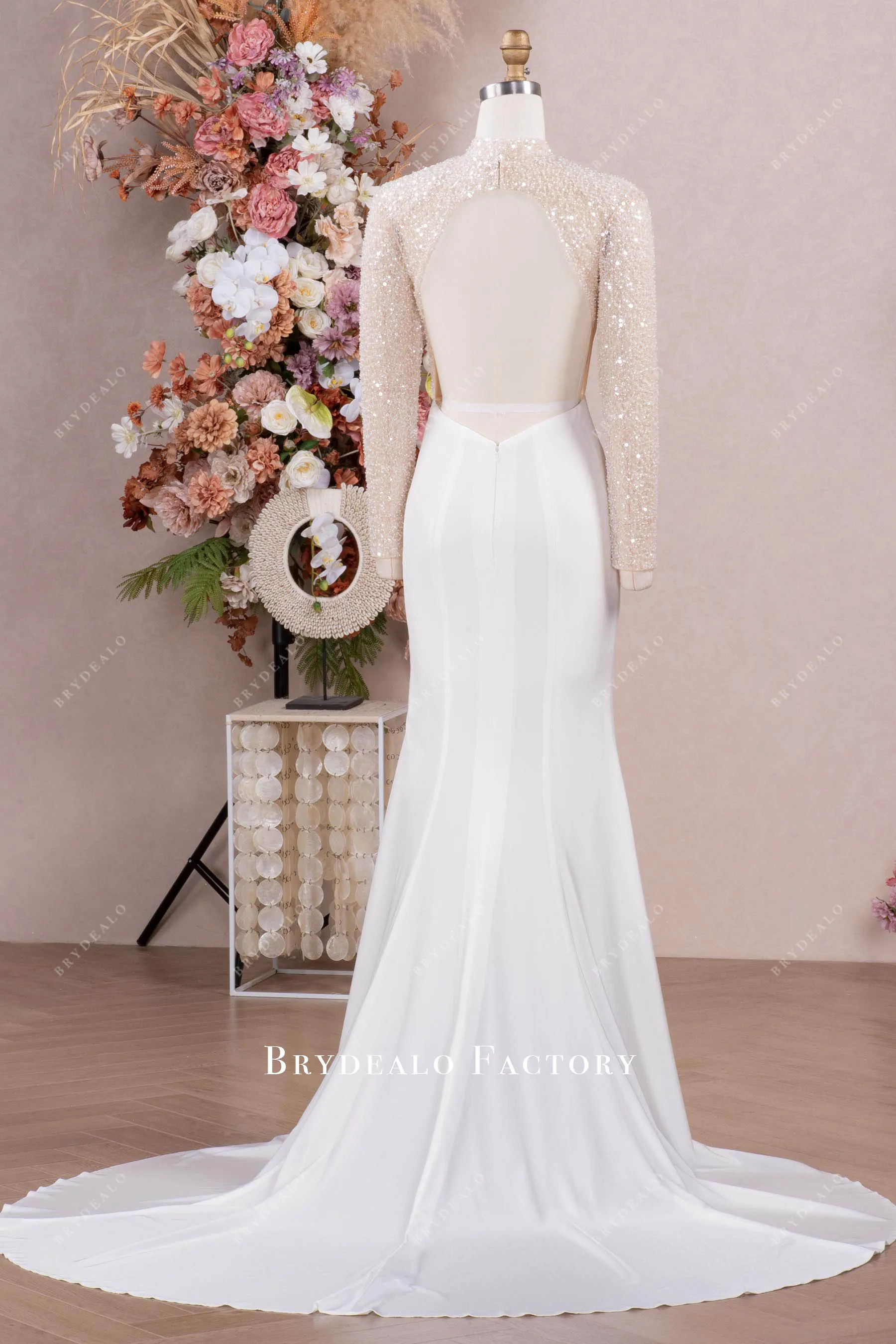 Modern White Illusion Sleeves Beading Jersey Prom Dress