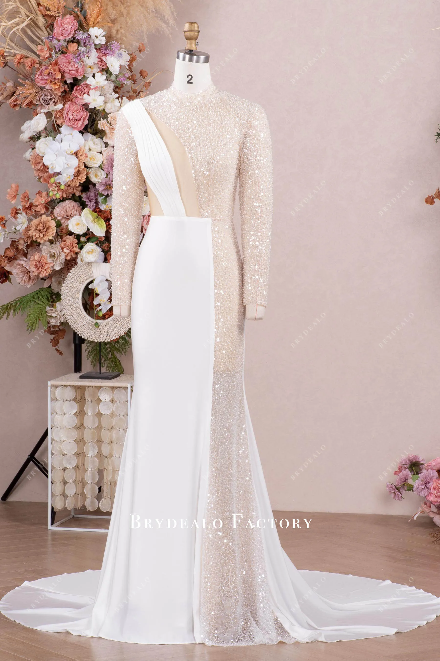 Modern White Illusion Sleeves Beading Jersey Prom Dress