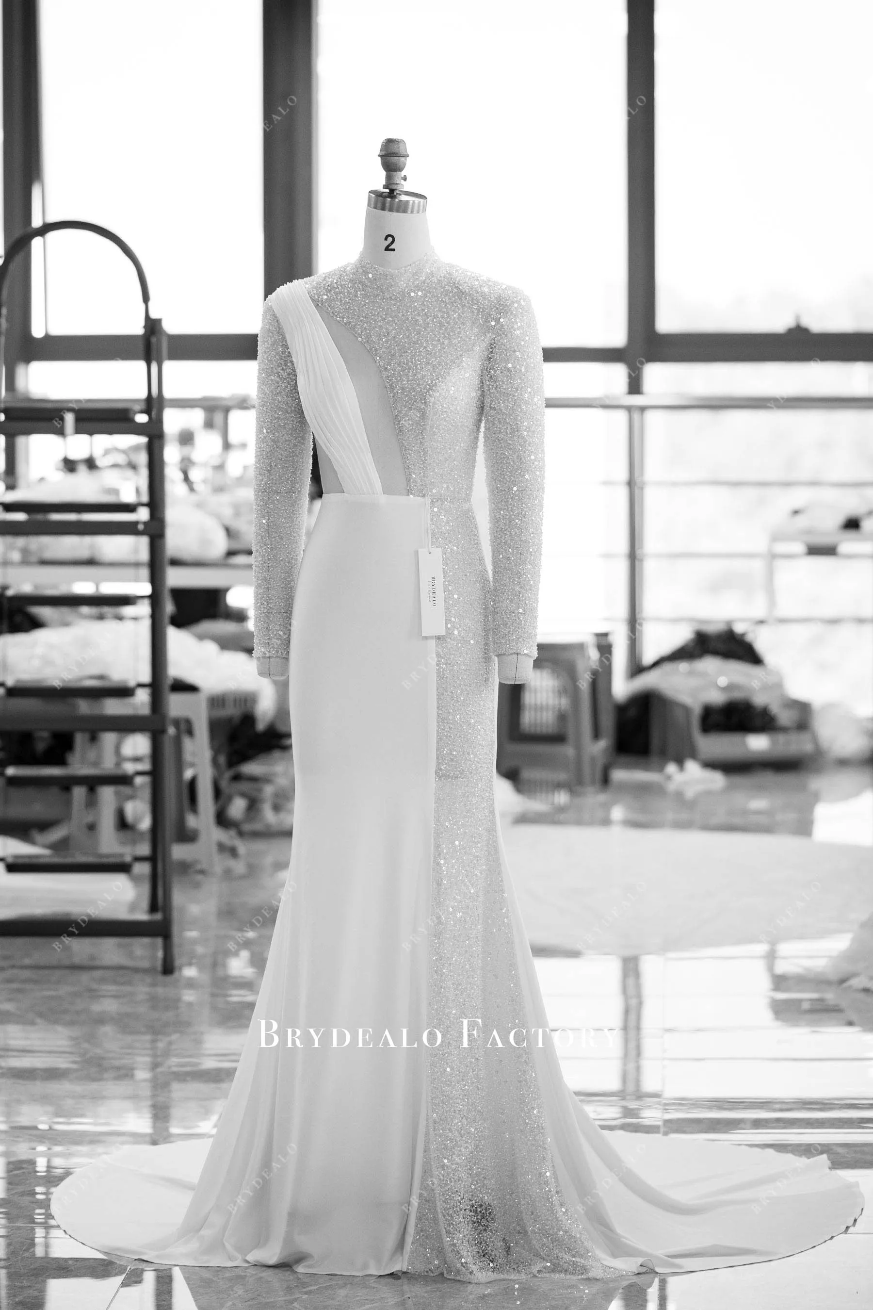 Modern White Illusion Sleeves Beading Jersey Prom Dress