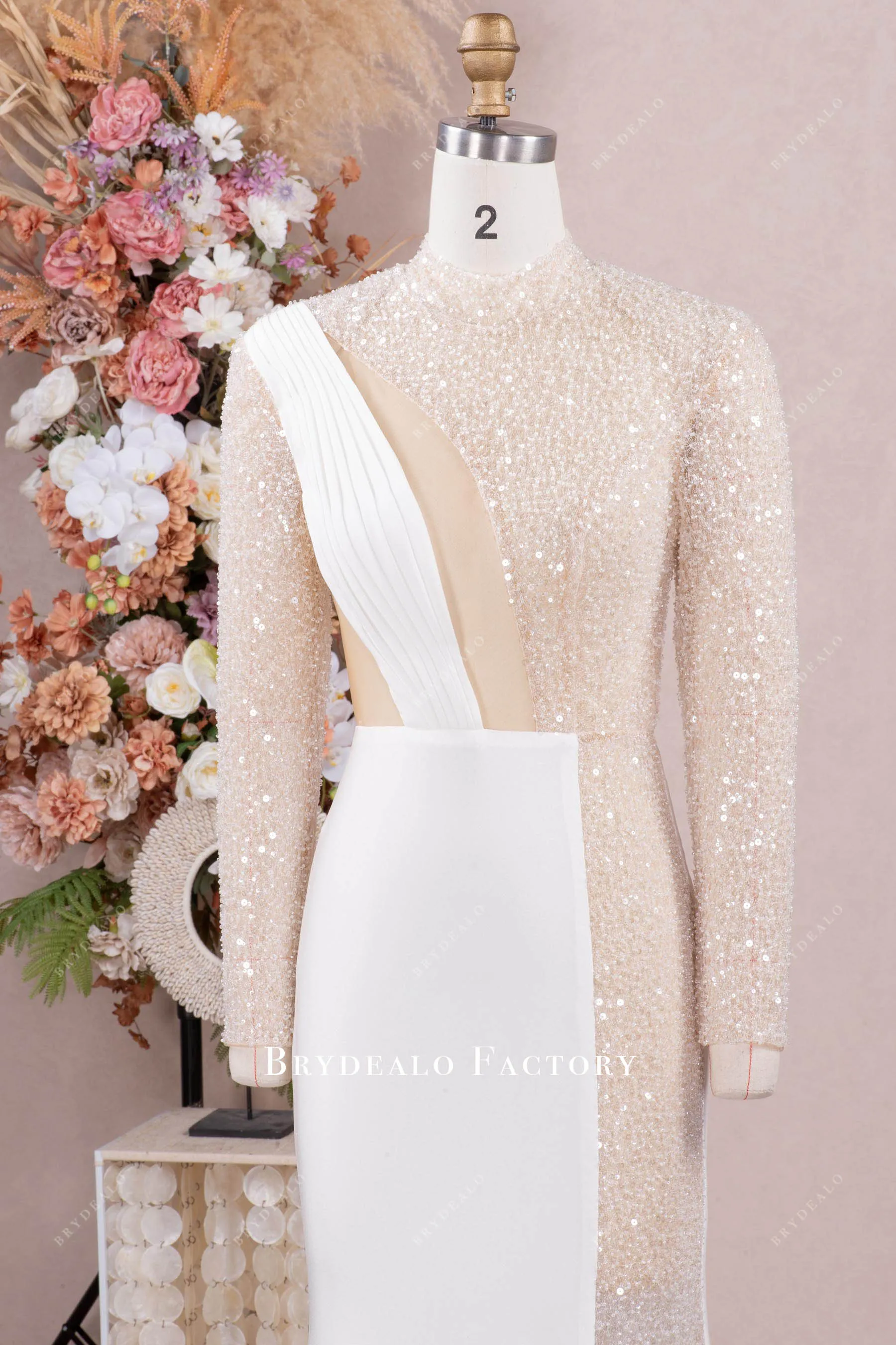 Modern White Illusion Sleeves Beading Jersey Prom Dress