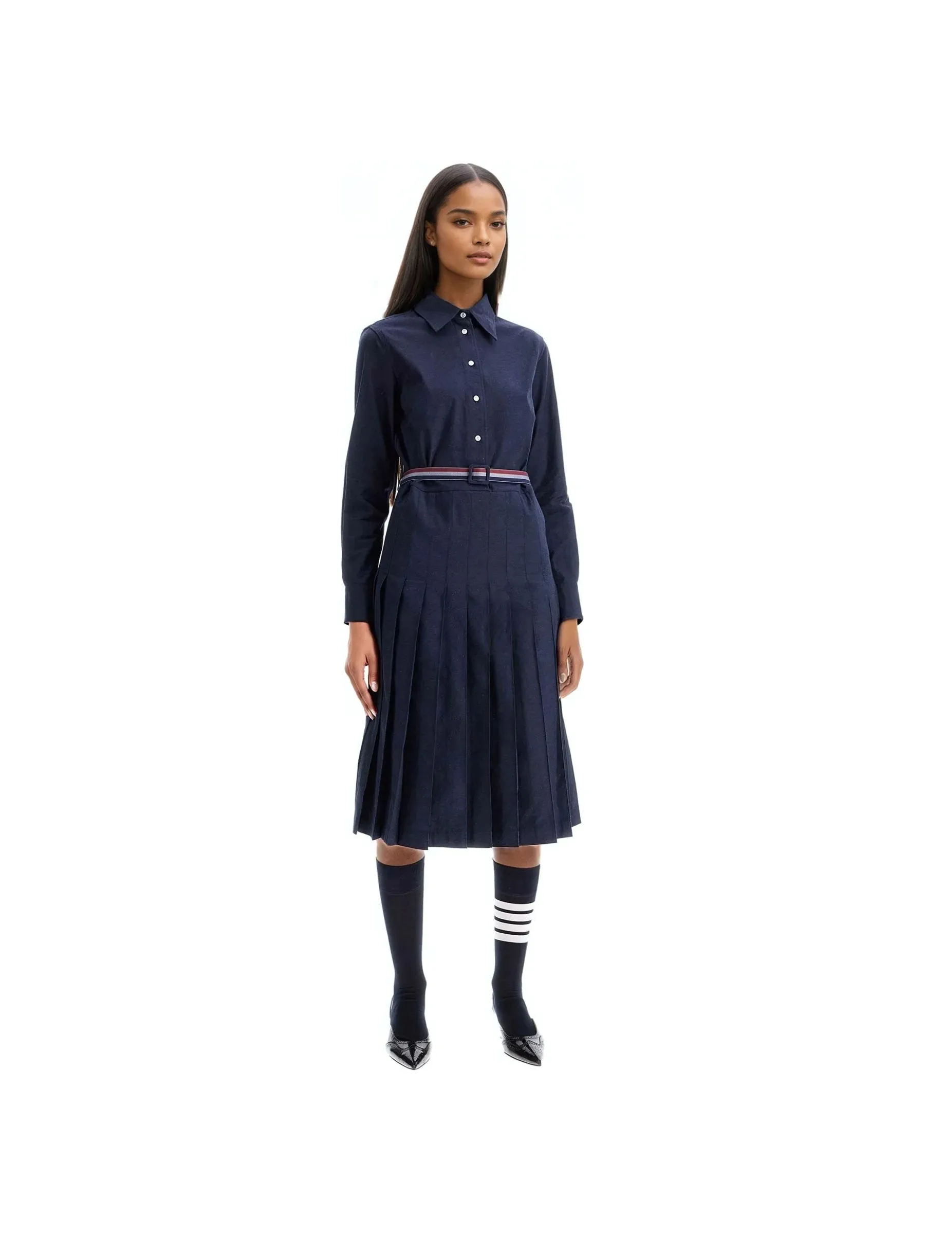 Pleated Long Sleeve Shirtdress