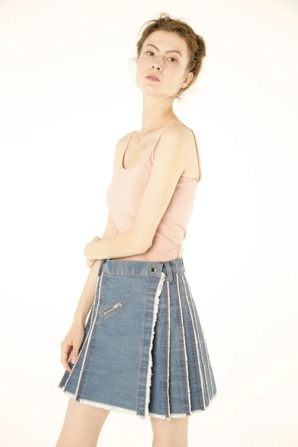 Pleated Mini Denim Skirt