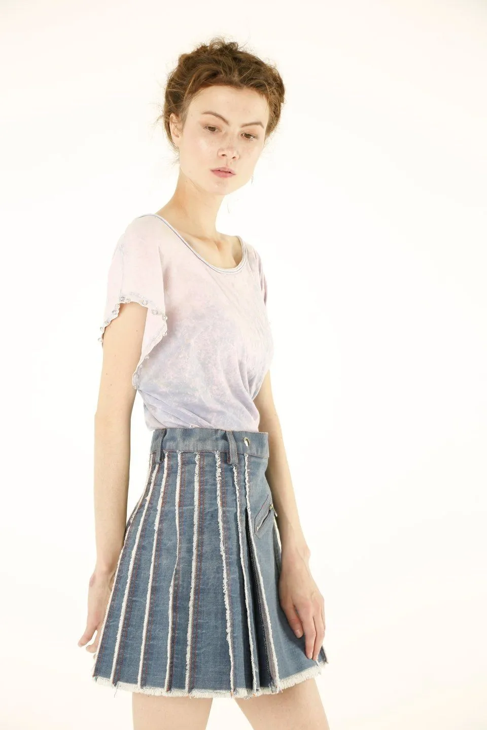 Pleated Mini Denim Skirt