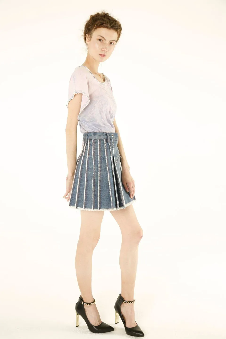 Pleated Mini Denim Skirt