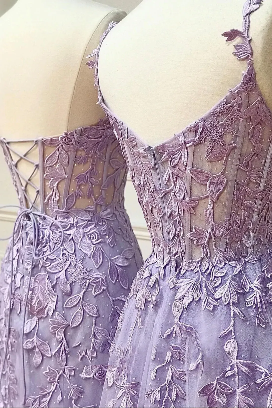 Purple Tulle Lace Long Prom Dress with Corset