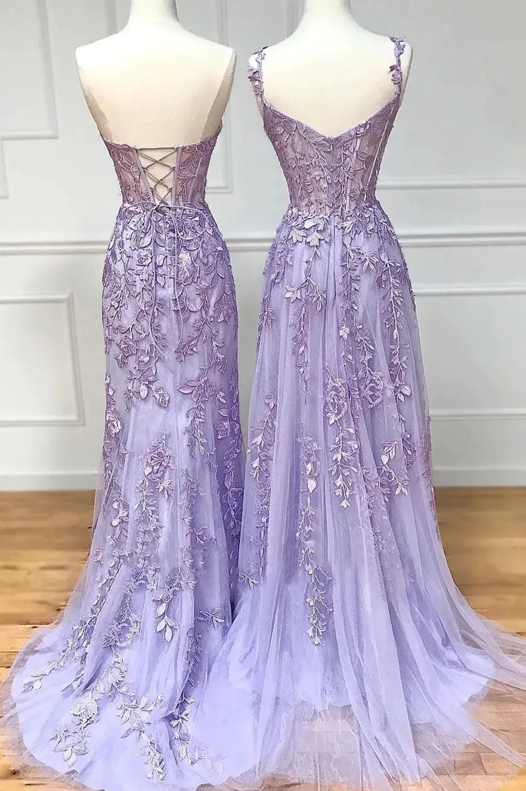 Purple Tulle Lace Long Prom Dress with Corset
