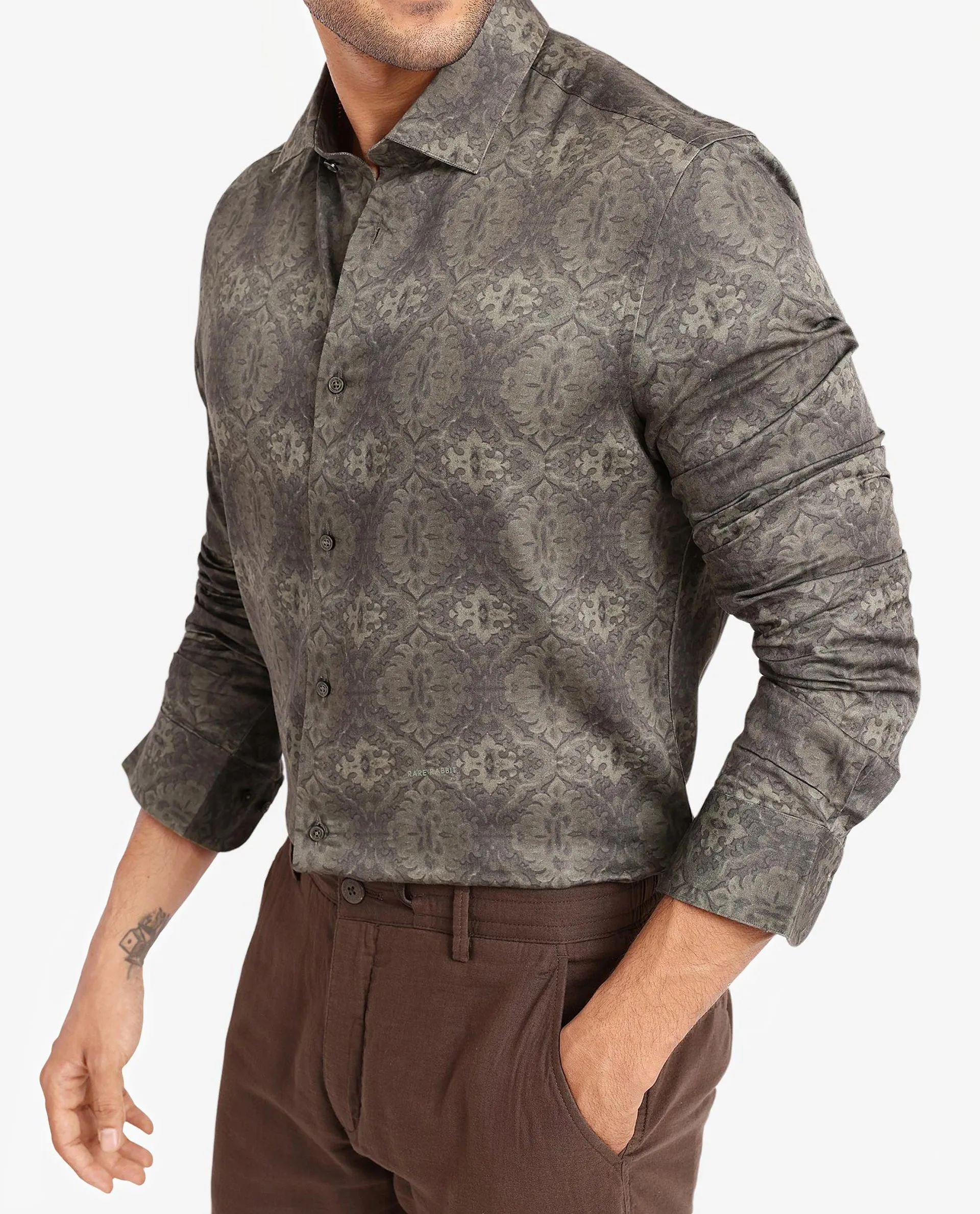 Rare Rabbit Men Steno Dark Olive Full Sleeve Regular Fit Shirt