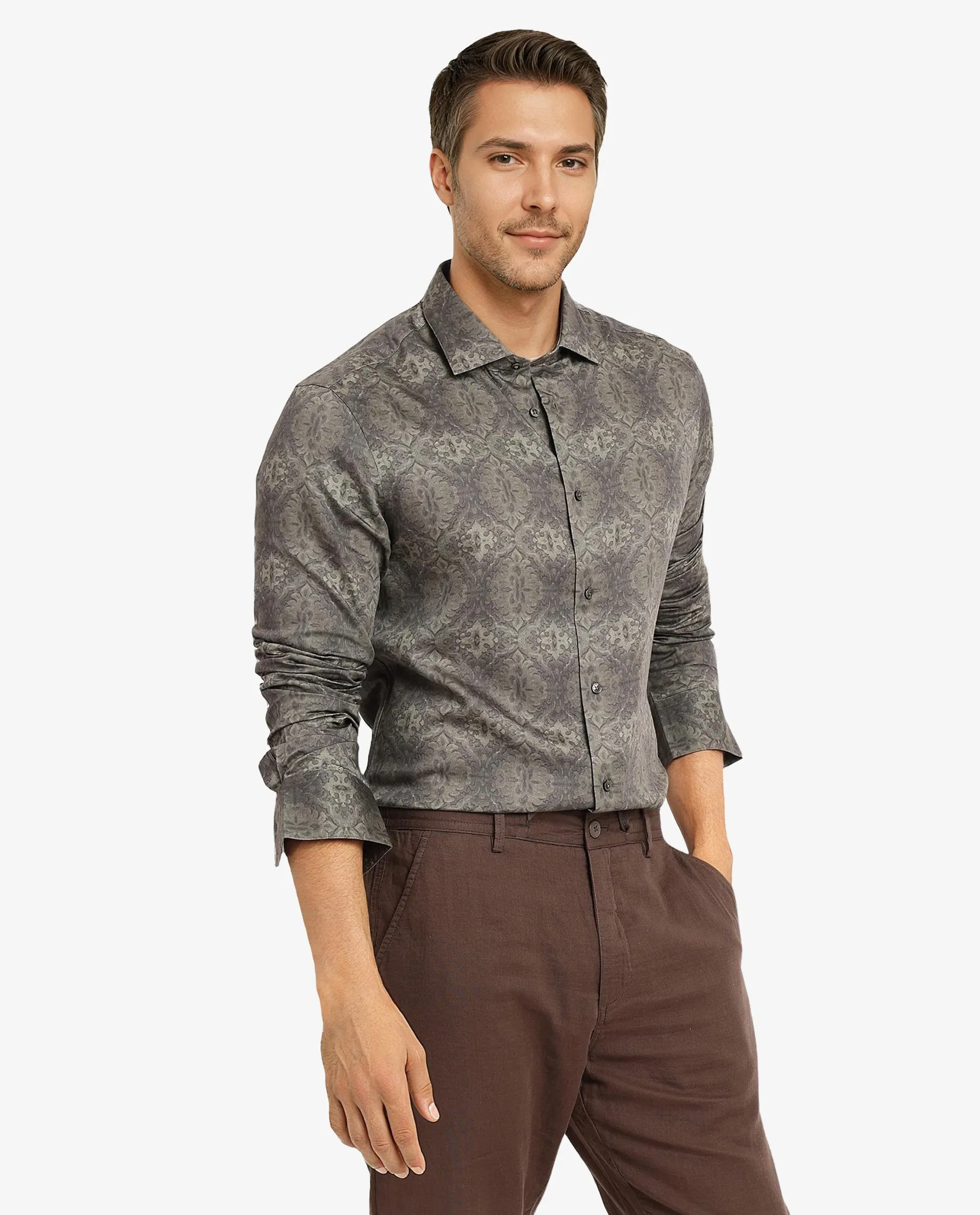 Rare Rabbit Men Steno Dark Olive Full Sleeve Regular Fit Shirt