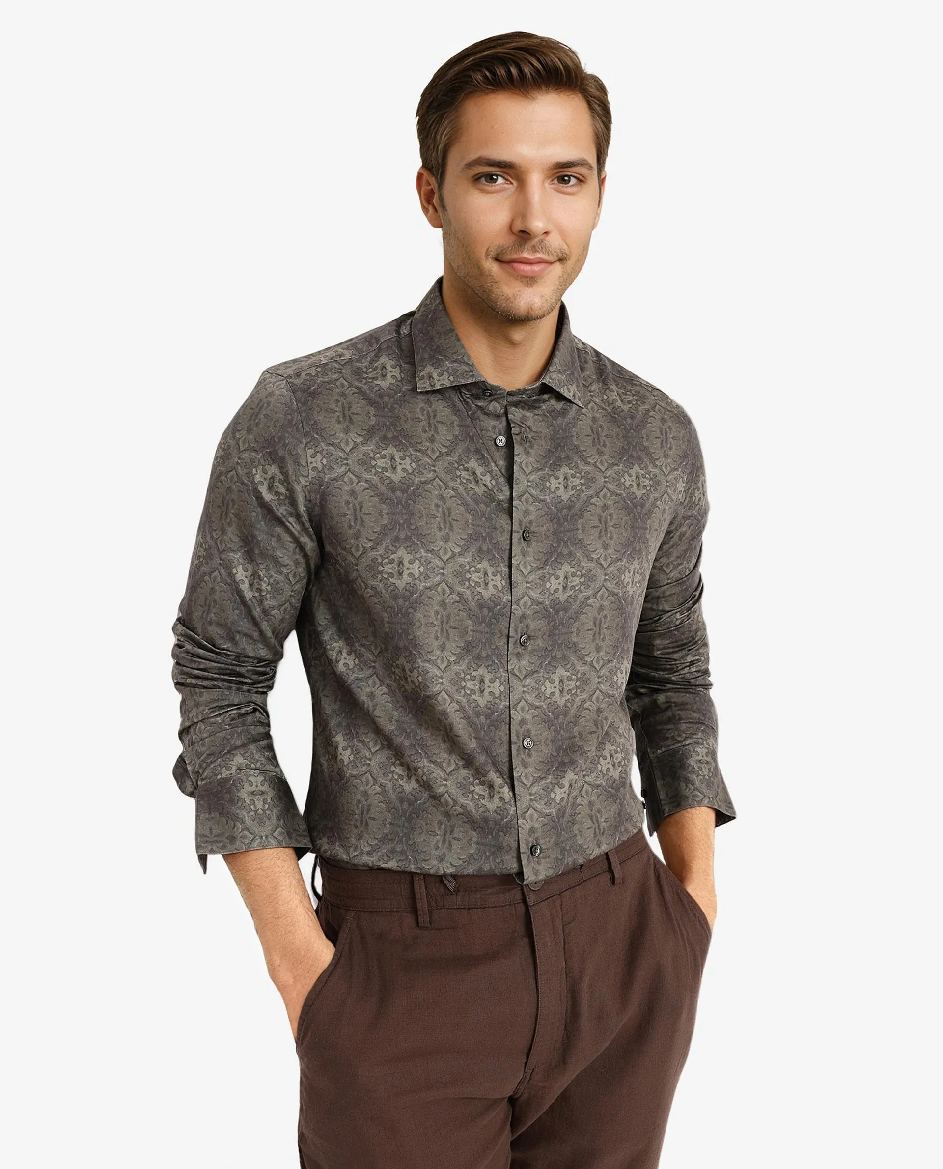 Rare Rabbit Men Steno Dark Olive Full Sleeve Regular Fit Shirt