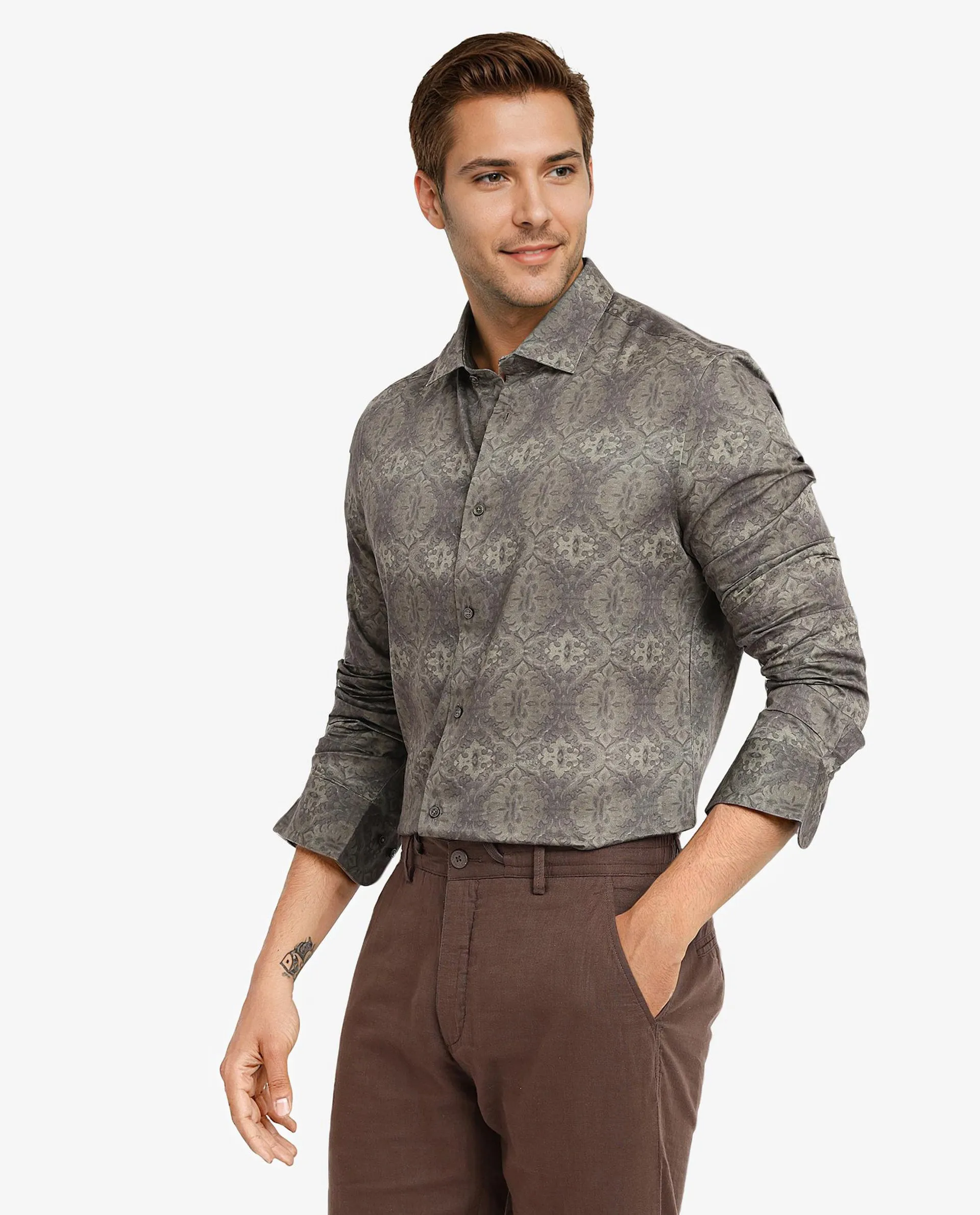 Rare Rabbit Men Steno Dark Olive Full Sleeve Regular Fit Shirt
