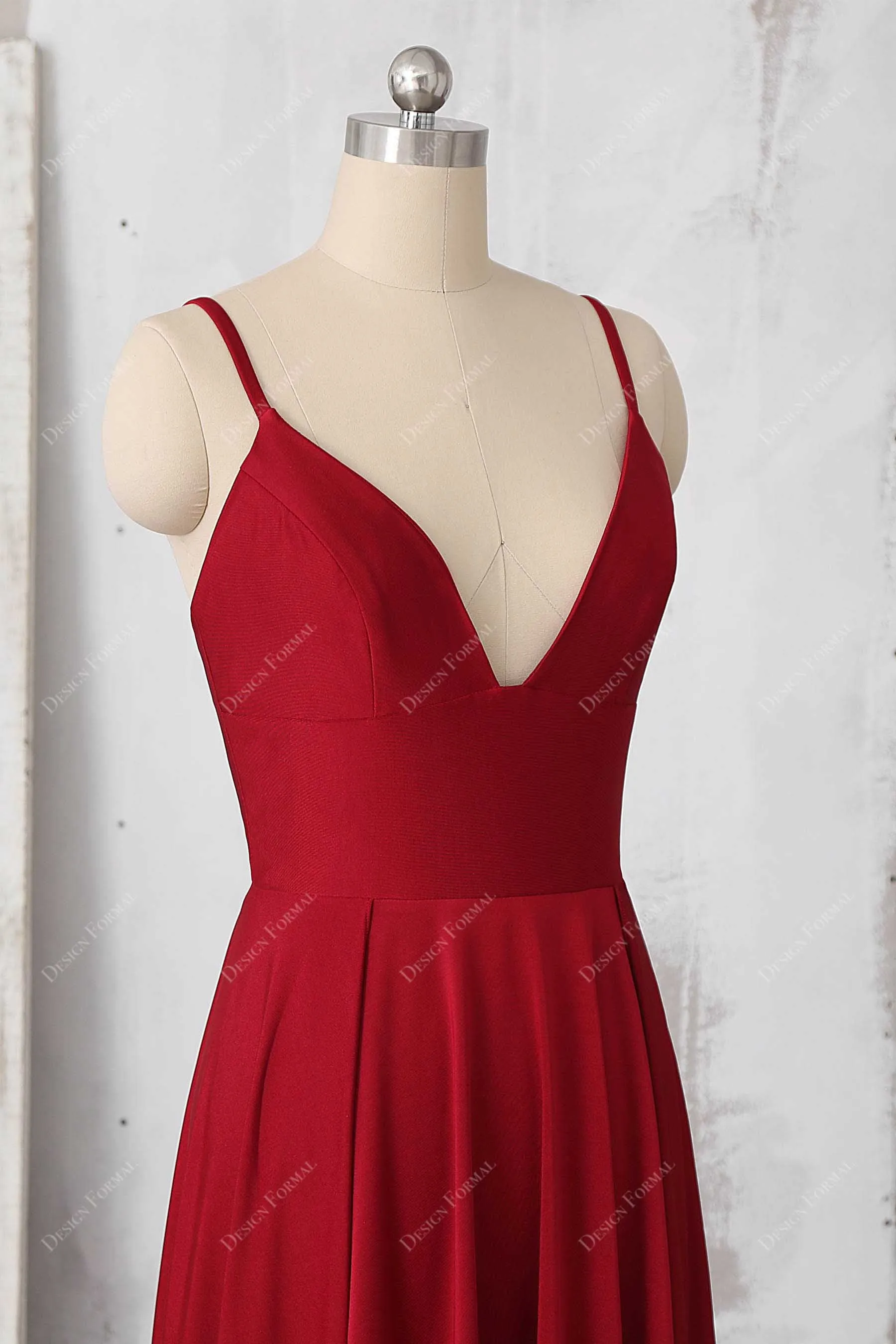 Red Jersey Spaghetti Straps Plunging Side Slit Simple Long Dress