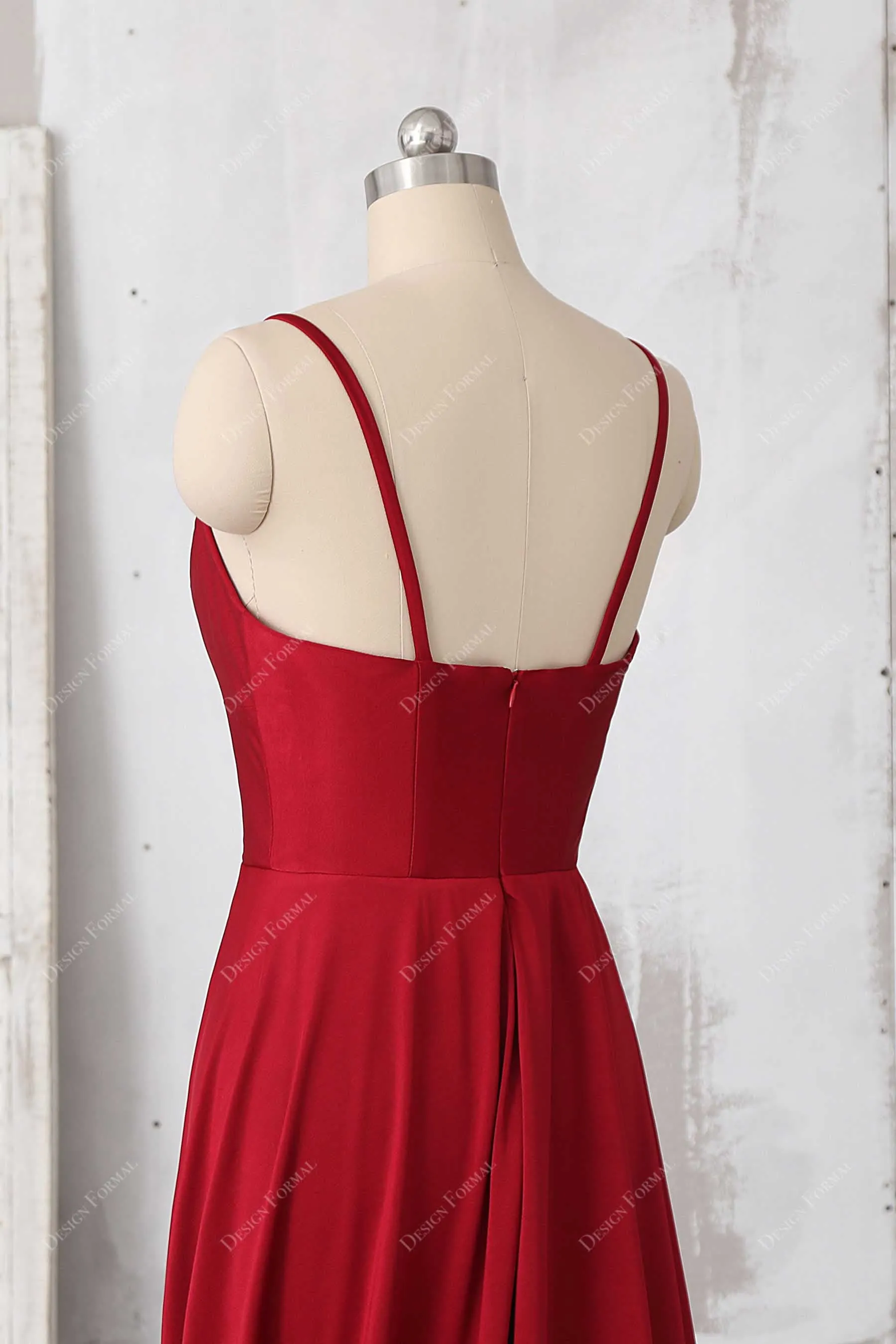 Red Jersey Spaghetti Straps Plunging Side Slit Simple Long Dress