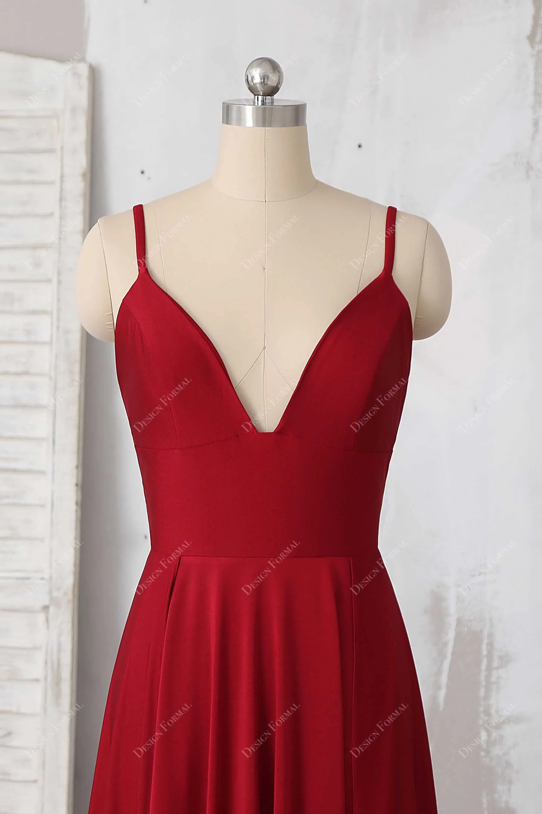 Red Jersey Spaghetti Straps Plunging Side Slit Simple Long Dress