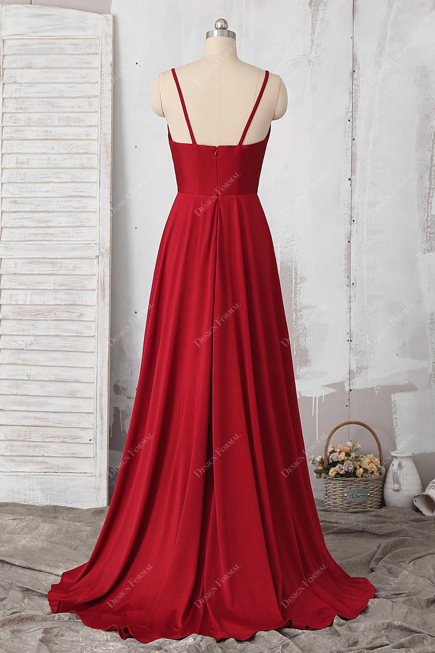 Red Jersey Spaghetti Straps Plunging Side Slit Simple Long Dress