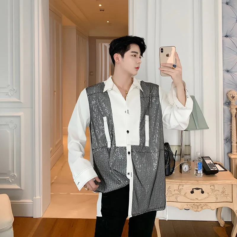 Sequined Chiffon Long Sleeve Style Men Casual Shirt