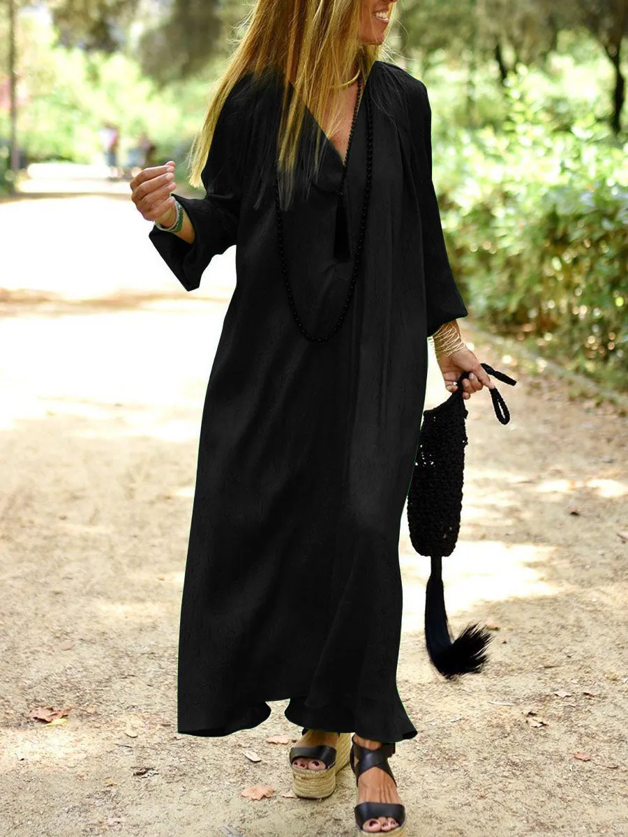 Simple Casual Loose V-Neck Long Sleeve Maxi Dress