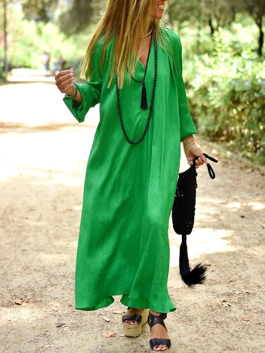 Simple Casual Loose V-Neck Long Sleeve Maxi Dress