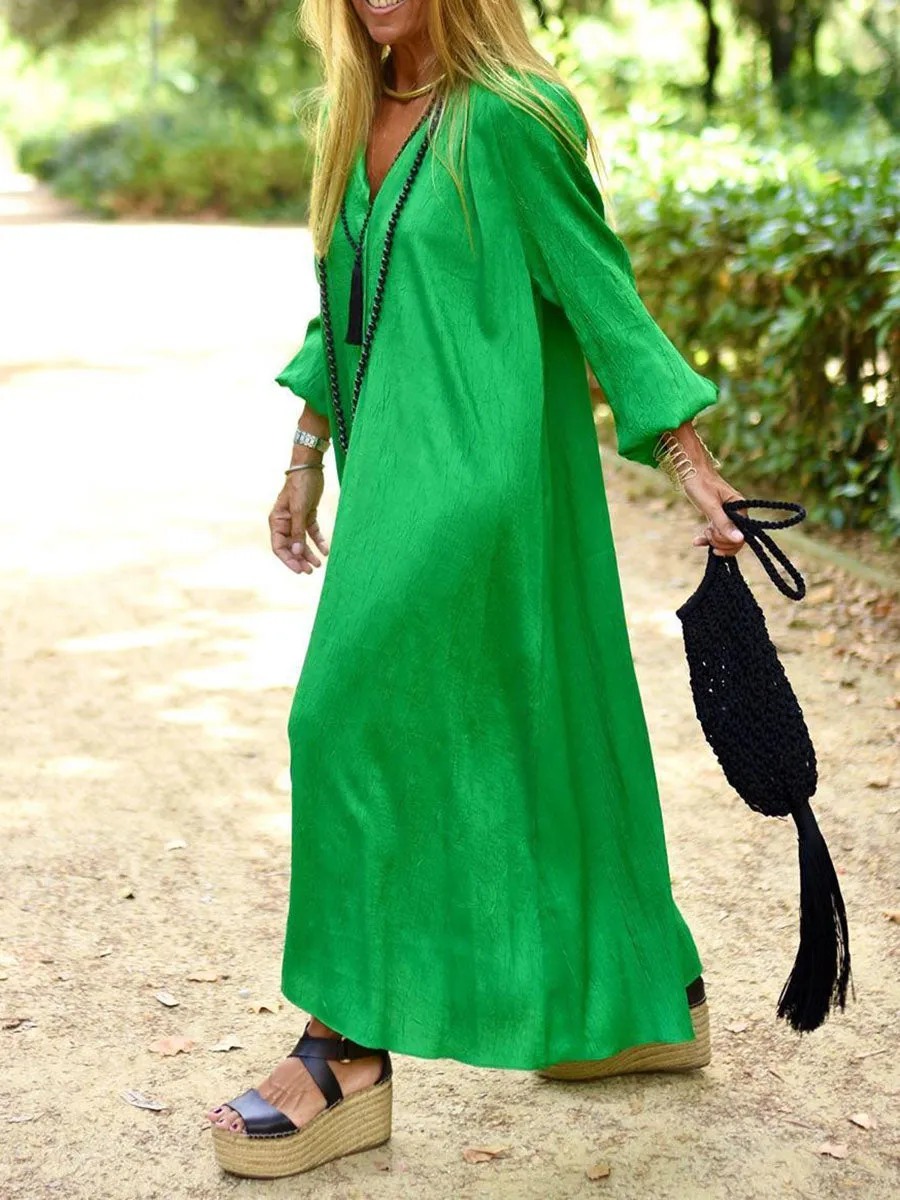 Simple Casual Loose V-Neck Long Sleeve Maxi Dress