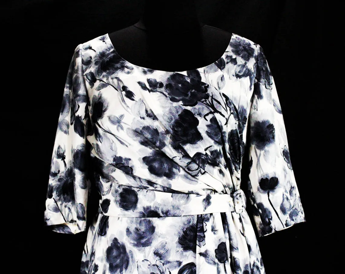 Size 12 Italian Silk 1950s Dress - Black Gray & White Floral Silk by Luisa Spagnoli - Painted Style Flowers - Swag Drape Wrap Bodice - NOS