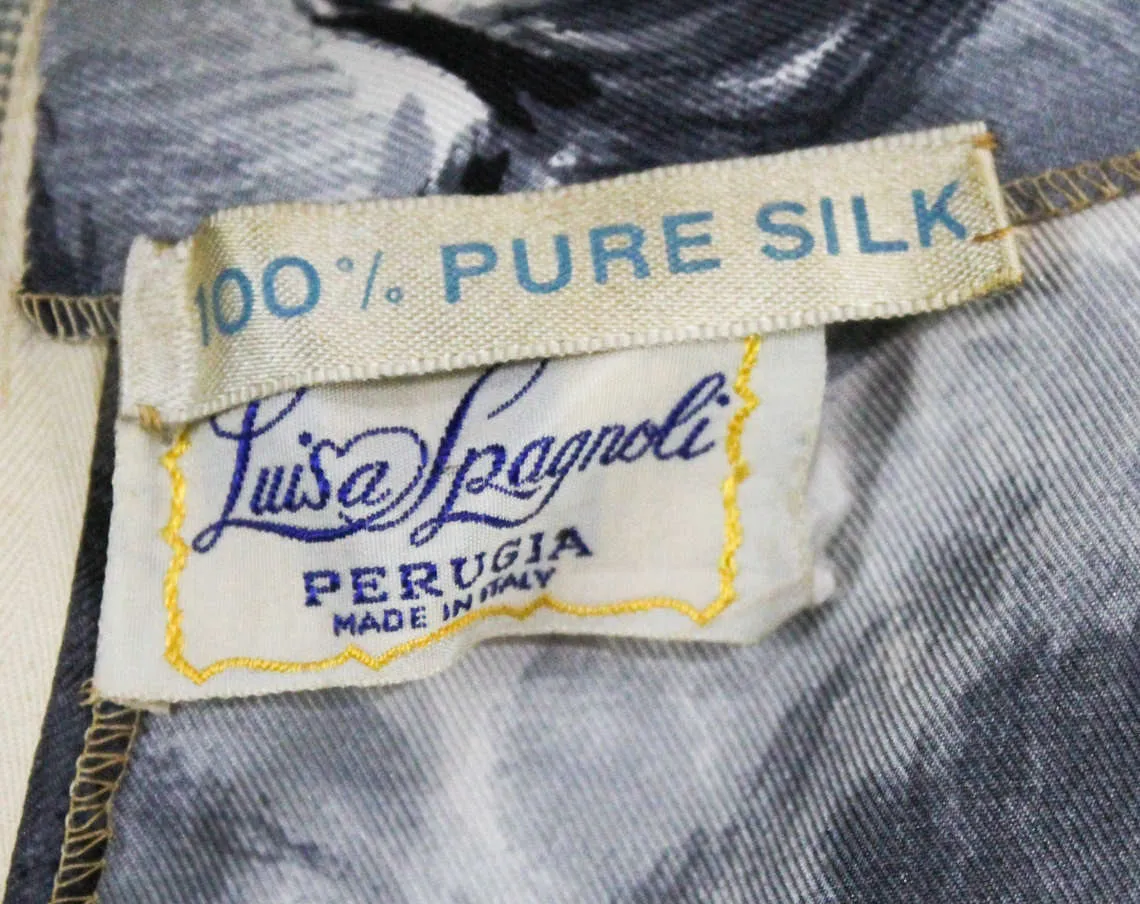Size 12 Italian Silk 1950s Dress - Black Gray & White Floral Silk by Luisa Spagnoli - Painted Style Flowers - Swag Drape Wrap Bodice - NOS
