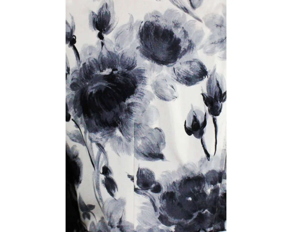 Size 12 Italian Silk 1950s Dress - Black Gray & White Floral Silk by Luisa Spagnoli - Painted Style Flowers - Swag Drape Wrap Bodice - NOS
