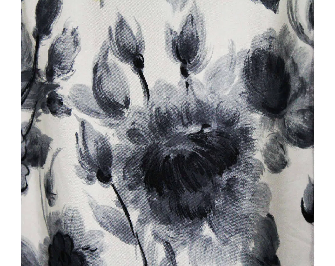 Size 12 Italian Silk 1950s Dress - Black Gray & White Floral Silk by Luisa Spagnoli - Painted Style Flowers - Swag Drape Wrap Bodice - NOS