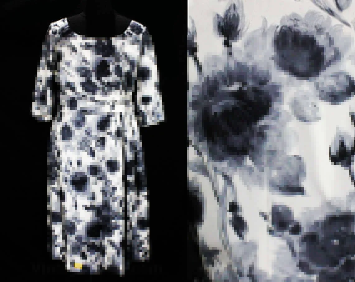 Size 12 Italian Silk 1950s Dress - Black Gray & White Floral Silk by Luisa Spagnoli - Painted Style Flowers - Swag Drape Wrap Bodice - NOS