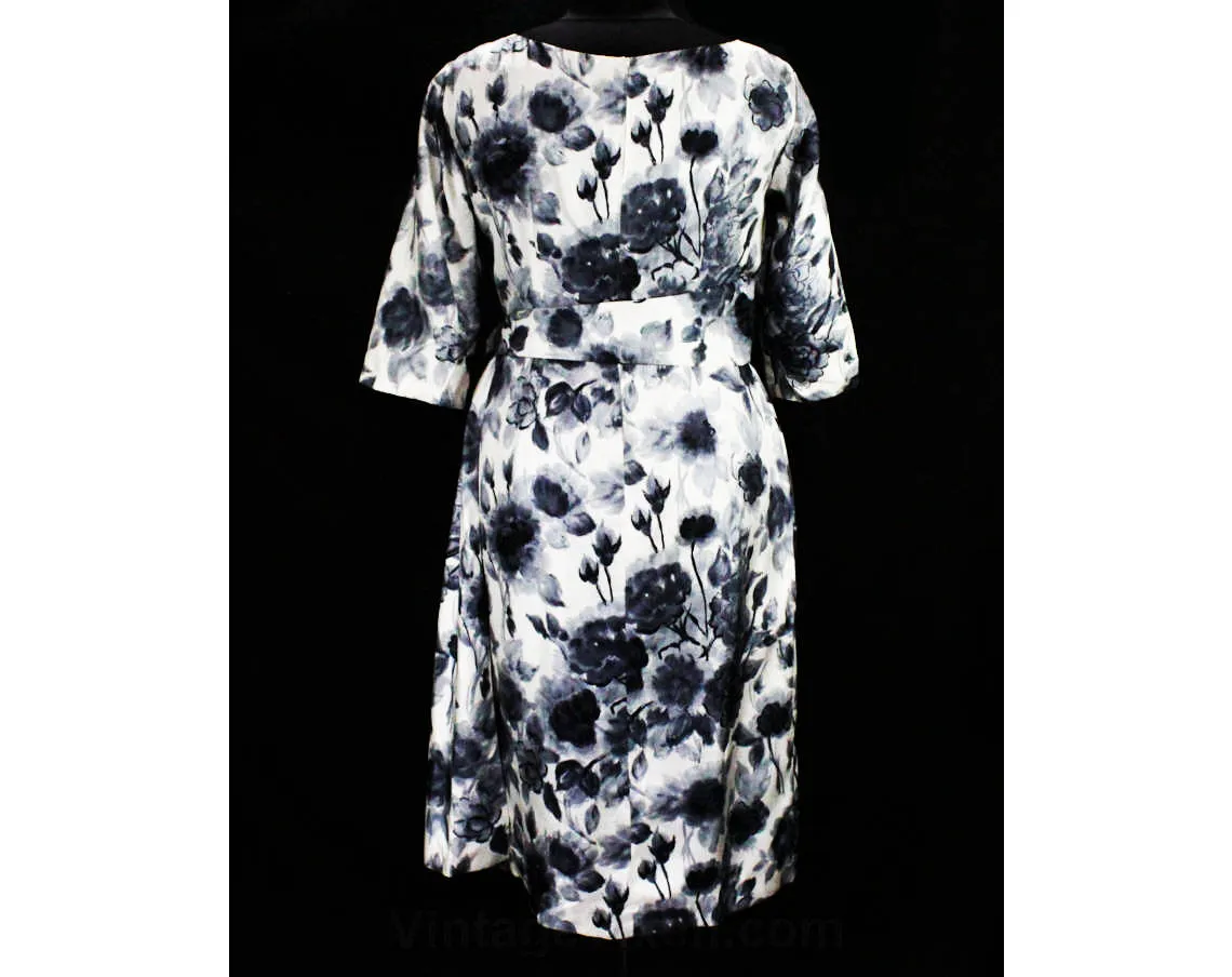 Size 12 Italian Silk 1950s Dress - Black Gray & White Floral Silk by Luisa Spagnoli - Painted Style Flowers - Swag Drape Wrap Bodice - NOS