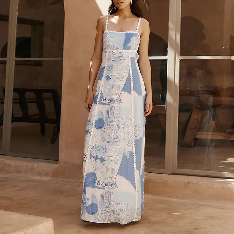 TAVIMART  -  Backless Elegant Printed Fashion Party Dress, 2024 Women Summer Sleeveless Simple Maxi Dress, Lace-Up Square Collar Ladies Dress