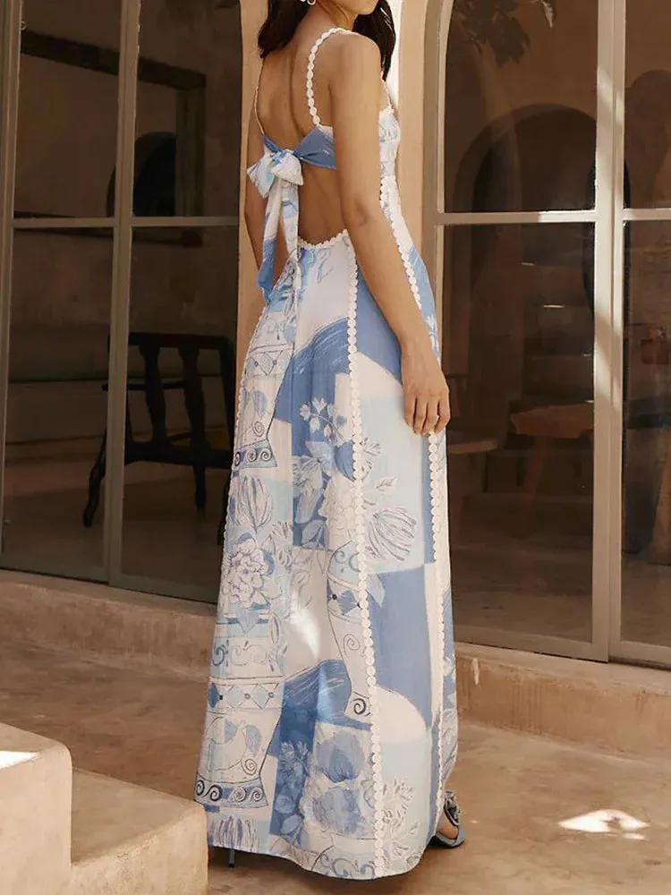 TAVIMART  -  Backless Elegant Printed Fashion Party Dress, 2024 Women Summer Sleeveless Simple Maxi Dress, Lace-Up Square Collar Ladies Dress