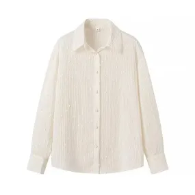 Uniwim Plus Size Women Clothing Shirt In Spring And Autumn Long-Sleeved White Chiffon Shirt With Sequined Lapels Slus Size Fashion Tops
