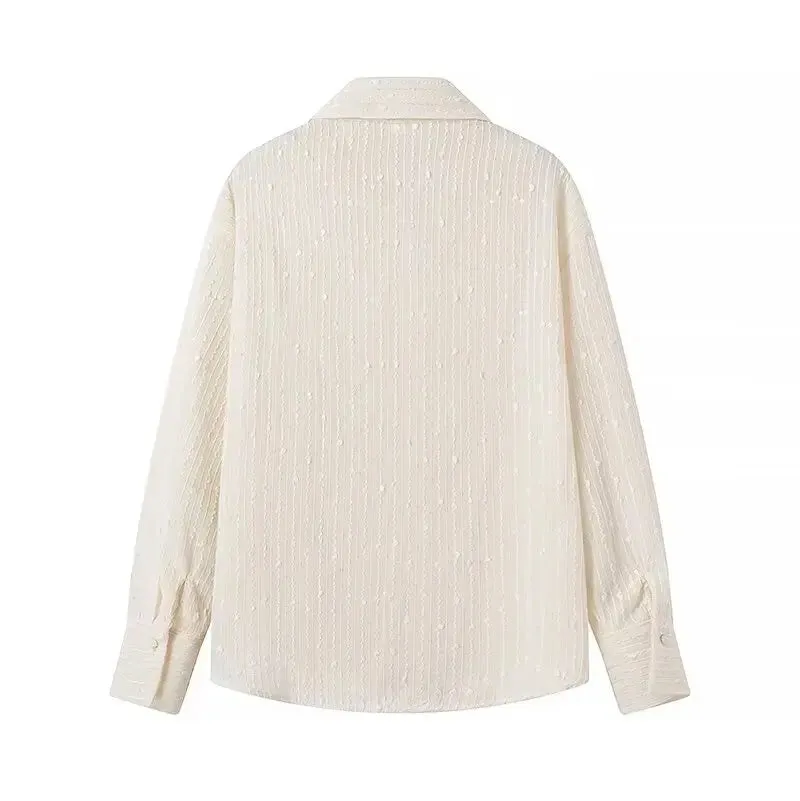 Uniwim Plus Size Women Clothing Shirt In Spring And Autumn Long-Sleeved White Chiffon Shirt With Sequined Lapels Slus Size Fashion Tops